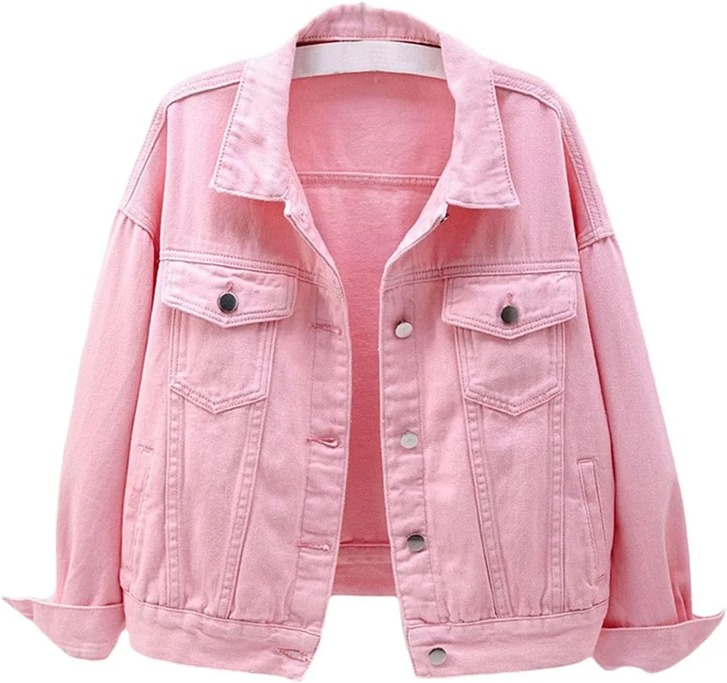 CHARTOU Women's Cute Loose Fit Button Down Long Sleeve Pockets Short Denim Jean Jacket