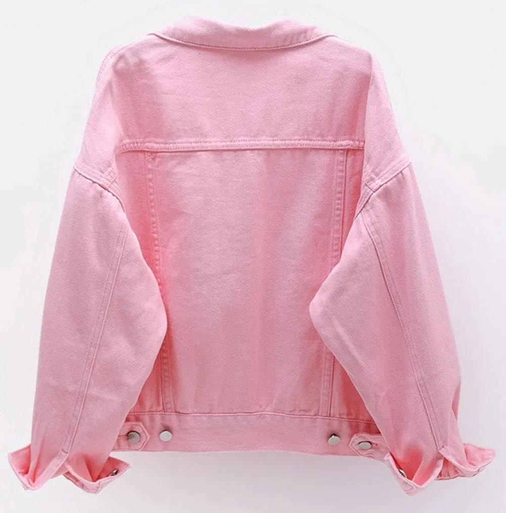 CHARTOU Women's Cute Loose Fit Button Down Long Sleeve Pockets Short Denim Jean Jacket
