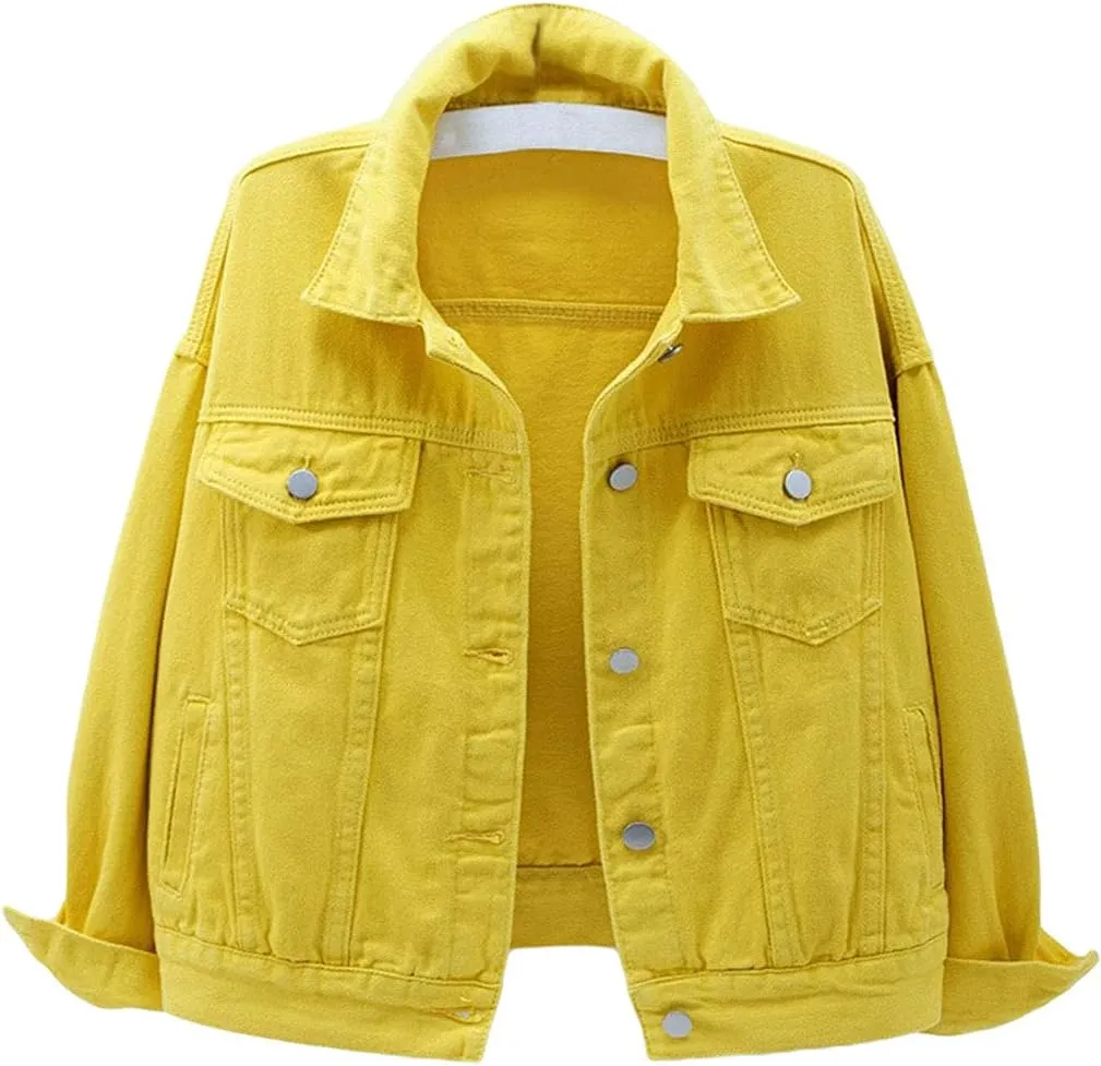 CHARTOU Women's Cute Loose Fit Button Down Long Sleeve Pockets Short Denim Jean Jacket