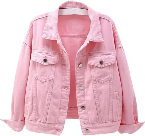CHARTOU Women's Cute Loose Fit Button Down Long Sleeve Pockets Short Denim Jean Jacket