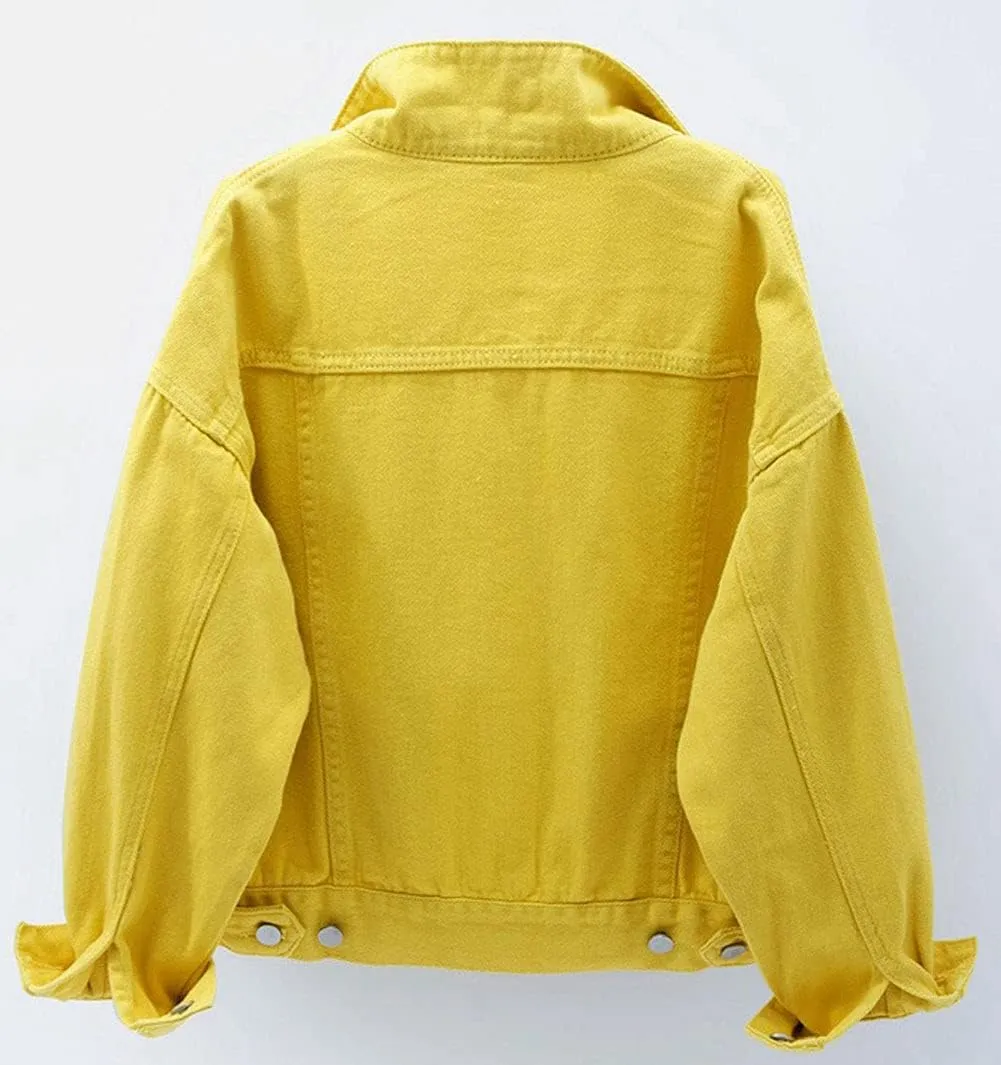 CHARTOU Women's Cute Loose Fit Button Down Long Sleeve Pockets Short Denim Jean Jacket