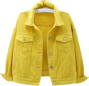CHARTOU Women's Cute Loose Fit Button Down Long Sleeve Pockets Short Denim Jean Jacket
