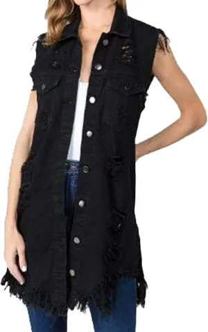 CHARTOU Women's Ripped Sleeveless Denim Vest Distressed Button Down Jean Jacket Outerwear