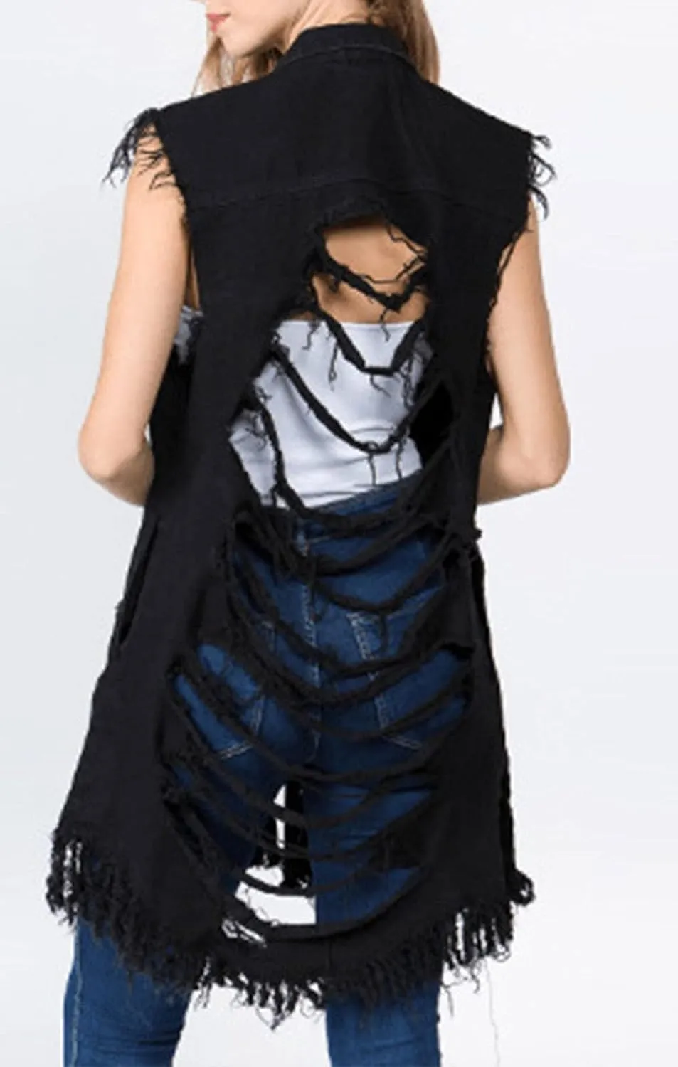 CHARTOU Women's Ripped Sleeveless Denim Vest Distressed Button Down Jean Jacket Outerwear