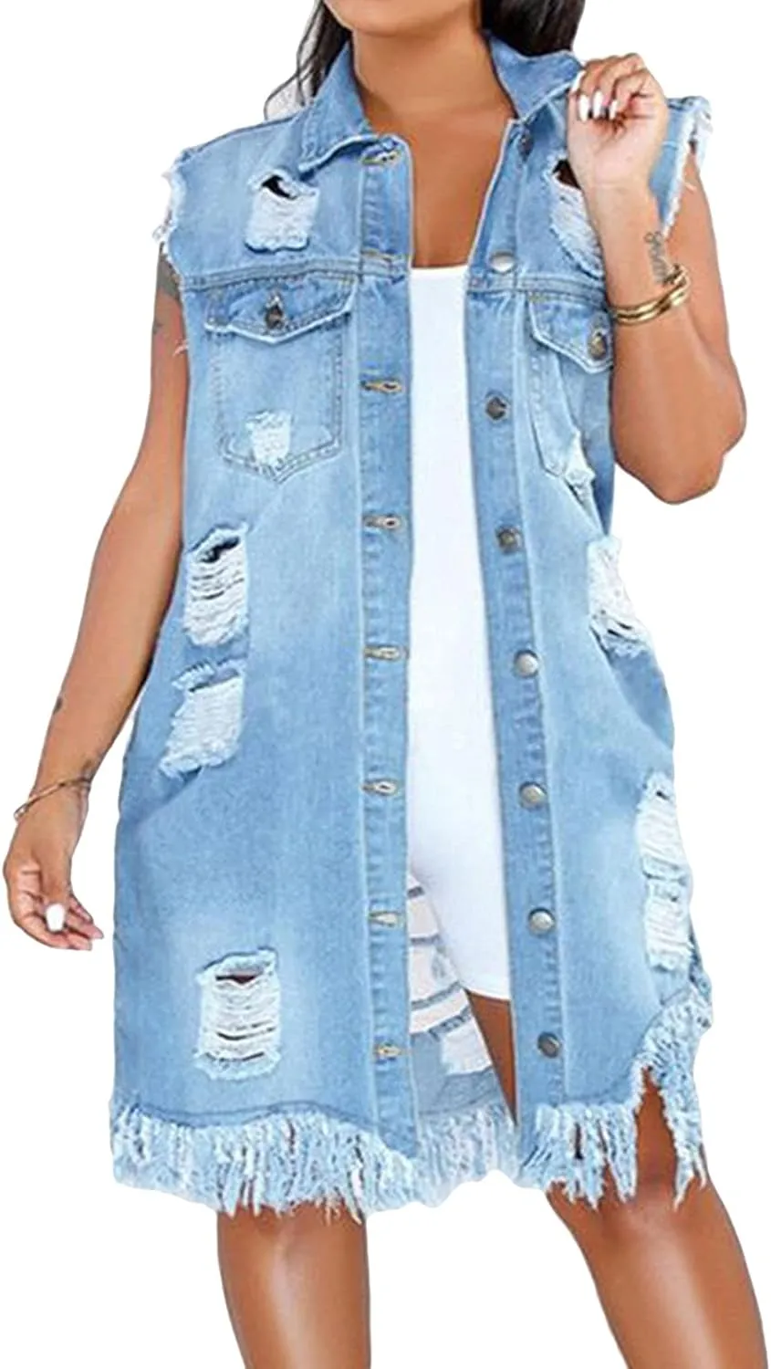 CHARTOU Women's Ripped Sleeveless Denim Vest Distressed Button Down Jean Jacket Outerwear