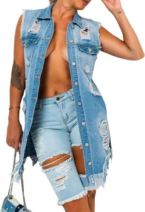 CHARTOU Women's Ripped Sleeveless Denim Vest Distressed Button Down Jean Jacket Outerwear