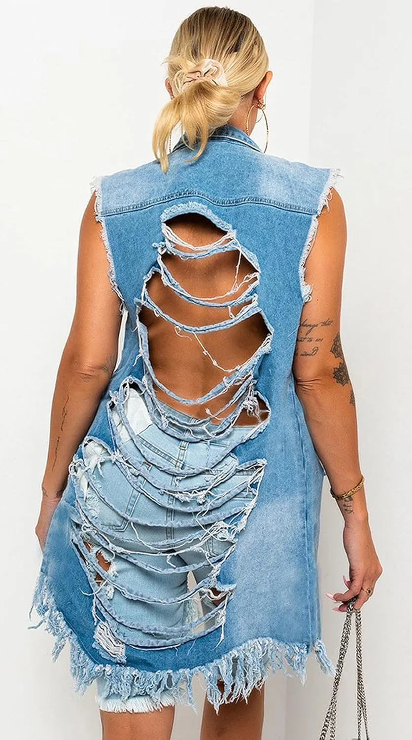 CHARTOU Women's Ripped Sleeveless Denim Vest Distressed Button Down Jean Jacket Outerwear