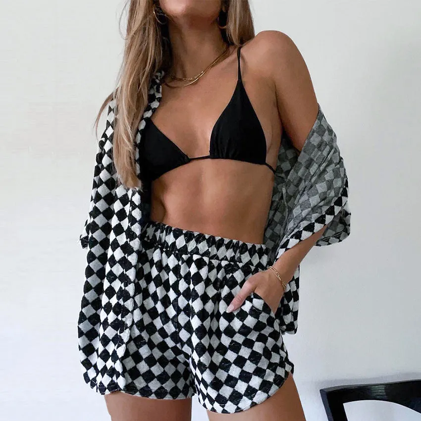 Checkerboard Short Sleeve T-Shirts & Shorts Casual Fashion Suits Wholesale Women'S 2 Piece Sets SON562875