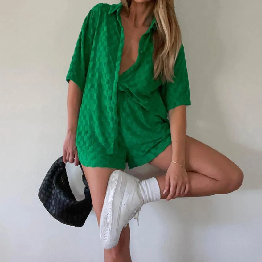 Checkerboard Short Sleeve T-Shirts & Shorts Casual Fashion Suits Wholesale Women'S 2 Piece Sets SON562875