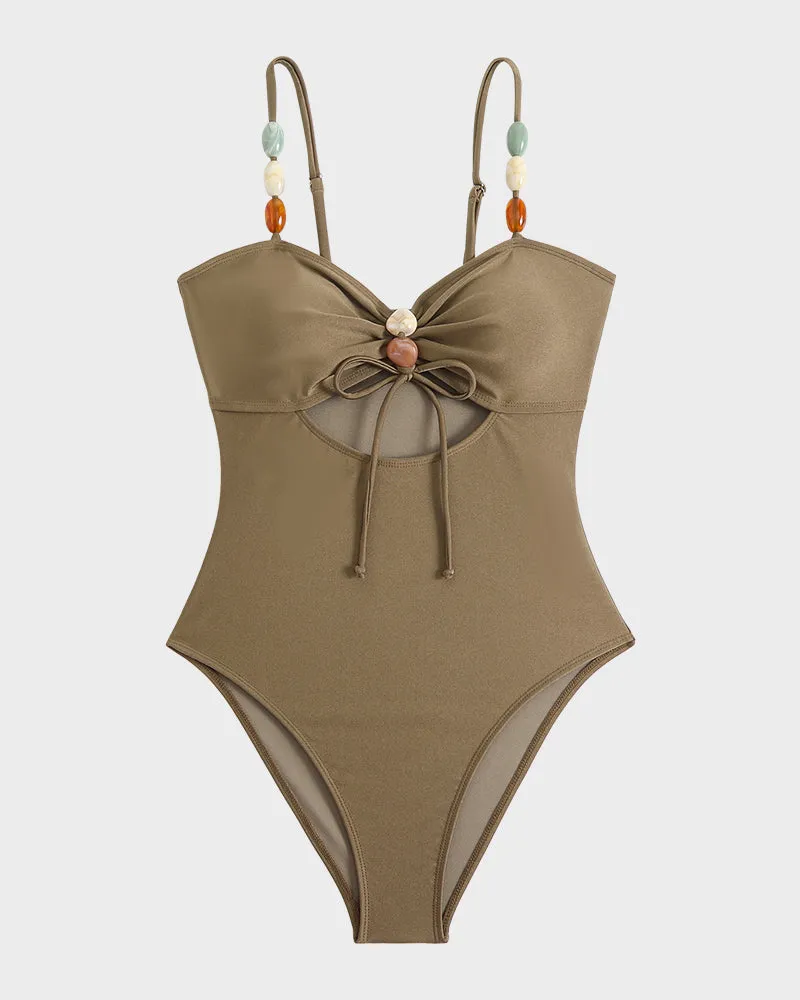 Chic Cut-Out Satin Swimsuit with Beaded Accents