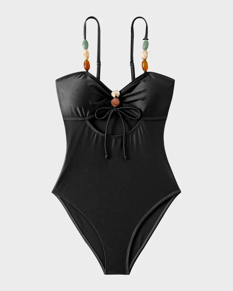 Chic Cut-Out Satin Swimsuit with Beaded Accents