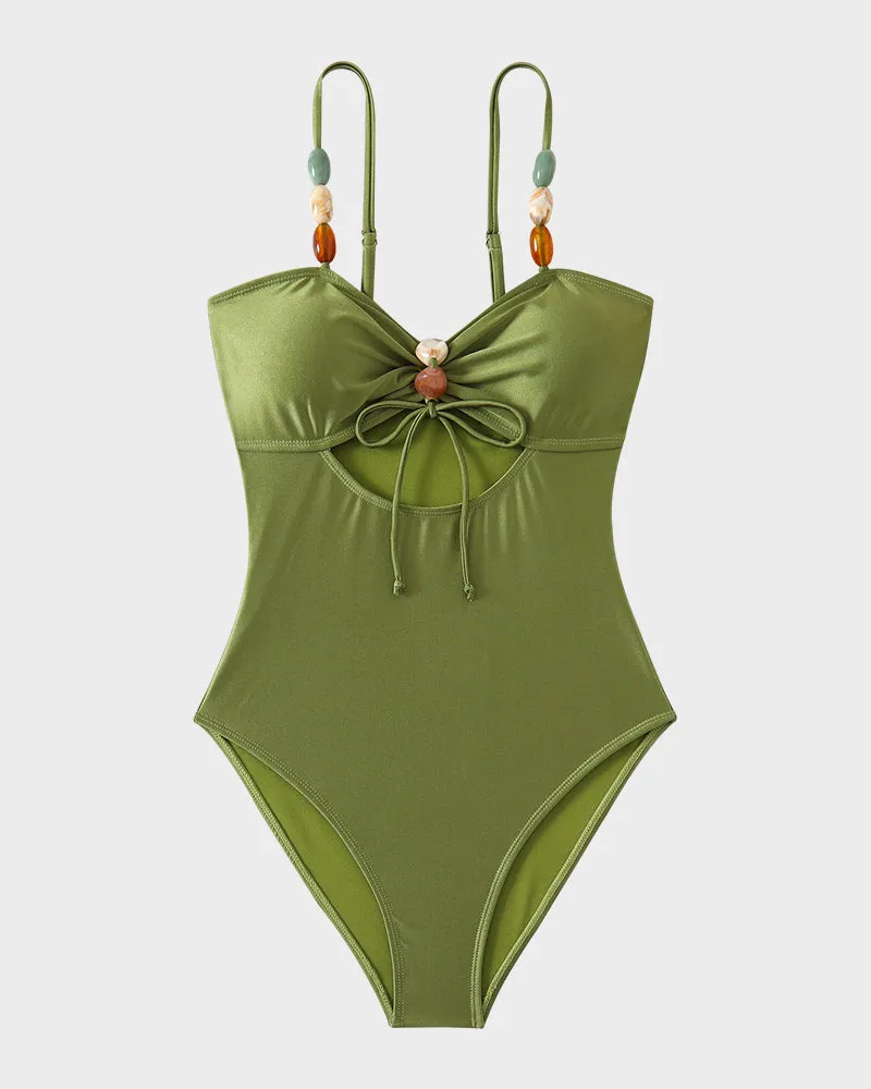 Chic Cut-Out Satin Swimsuit with Beaded Accents