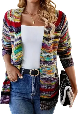 Chic Women's Color Block Striped Long Sleeve Open Front Cardigan Casual Loose Knit Sweaters Outwear with Pockets