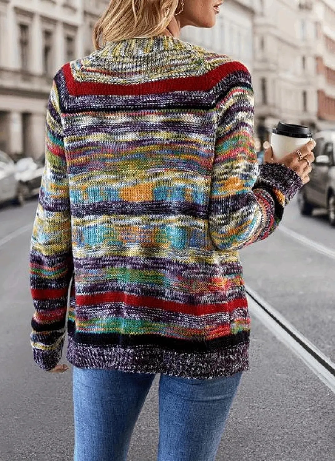 Chic Women's Color Block Striped Long Sleeve Open Front Cardigan Casual Loose Knit Sweaters Outwear with Pockets
