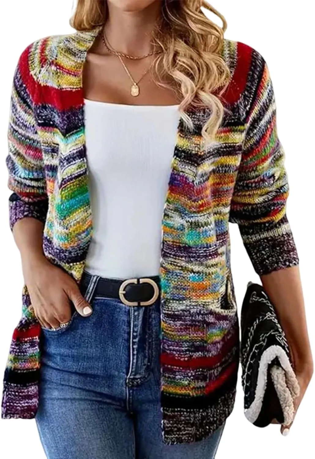 Chic Women's Color Block Striped Long Sleeve Open Front Cardigan Casual Loose Knit Sweaters Outwear with Pockets