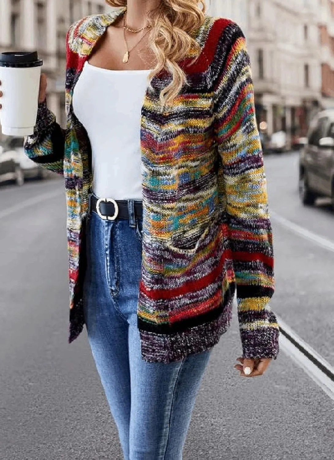 Chic Women's Color Block Striped Long Sleeve Open Front Cardigan Casual Loose Knit Sweaters Outwear with Pockets