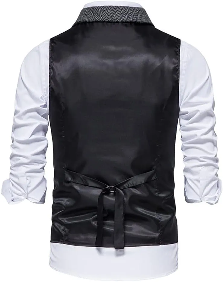 chouyatou Men's Herringbone Tweed Vest Notched Lapel Single Breasted Sleeveless Vest Jacket