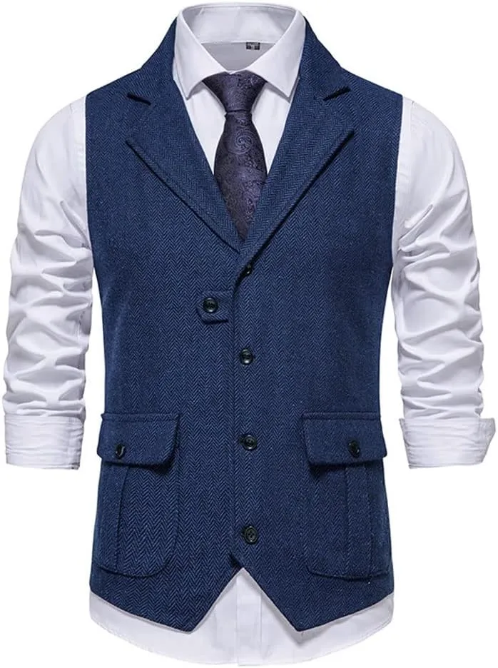 chouyatou Men's Herringbone Tweed Vest Notched Lapel Single Breasted Sleeveless Vest Jacket