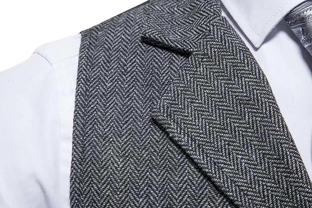 chouyatou Men's Herringbone Tweed Vest Notched Lapel Single Breasted Sleeveless Vest Jacket