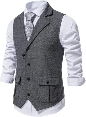 chouyatou Men's Herringbone Tweed Vest Notched Lapel Single Breasted Sleeveless Vest Jacket