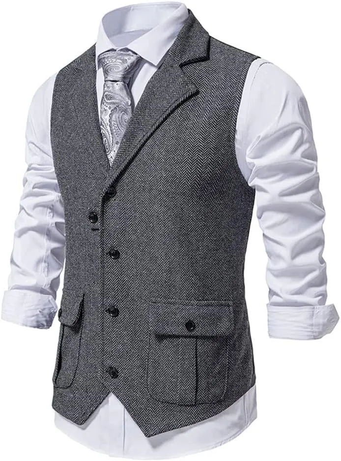 chouyatou Men's Herringbone Tweed Vest Notched Lapel Single Breasted Sleeveless Vest Jacket