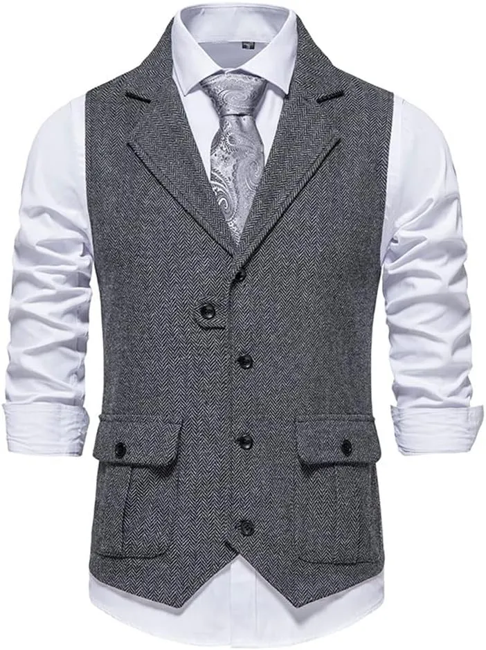 chouyatou Men's Herringbone Tweed Vest Notched Lapel Single Breasted Sleeveless Vest Jacket