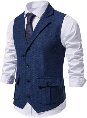 chouyatou Men's Herringbone Tweed Vest Notched Lapel Single Breasted Sleeveless Vest Jacket