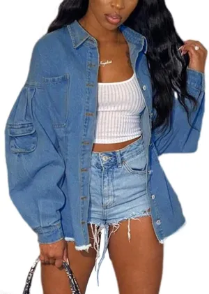 chouyatou Women's Bishop Sleeve Button Down Mid-Length Peplum Denim Jacket Coat