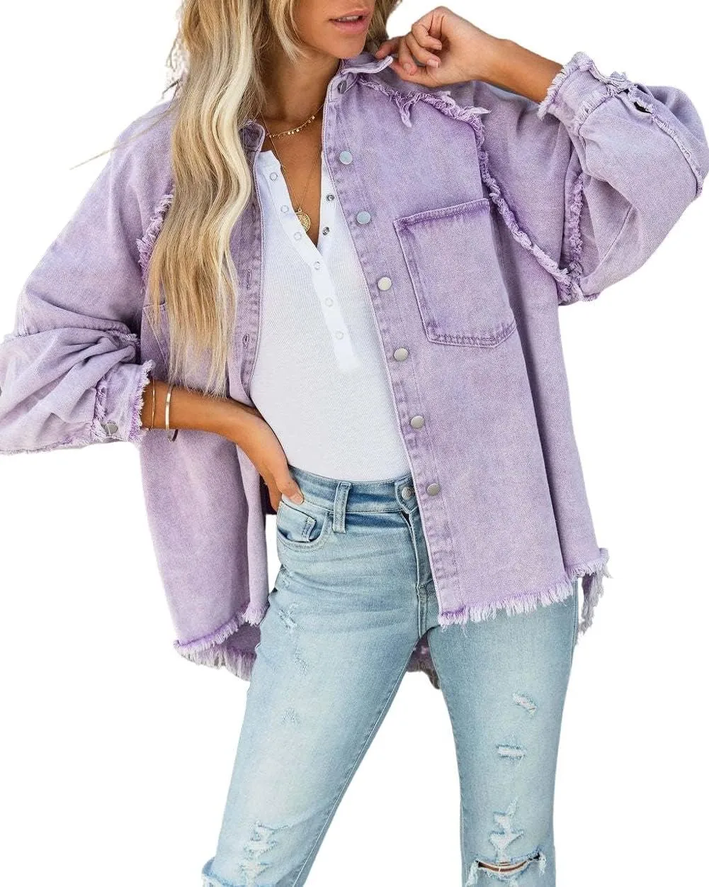chouyatou Women's Fall Oversized Jean Jacket Casual Button Down Denim Shacket Jacket
