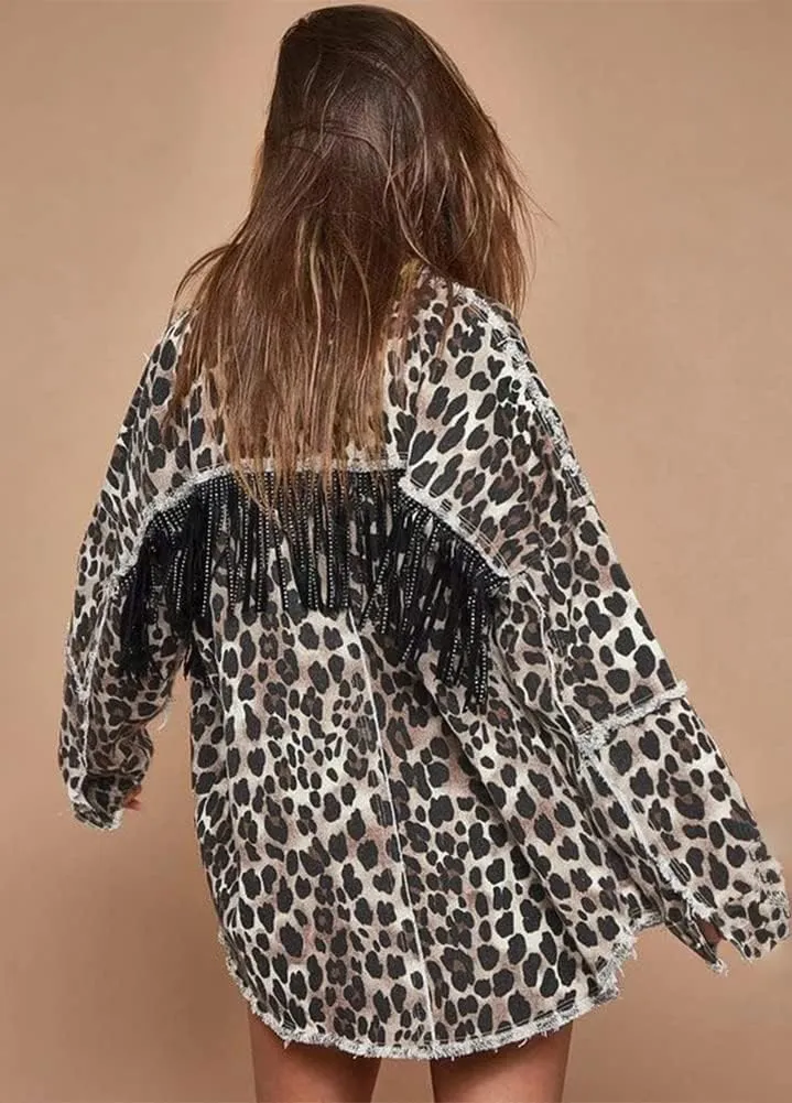 chouyatou Women's Washed Leopard Print Jean Jacket Fringe Button Down Denim Shacket Jacket
