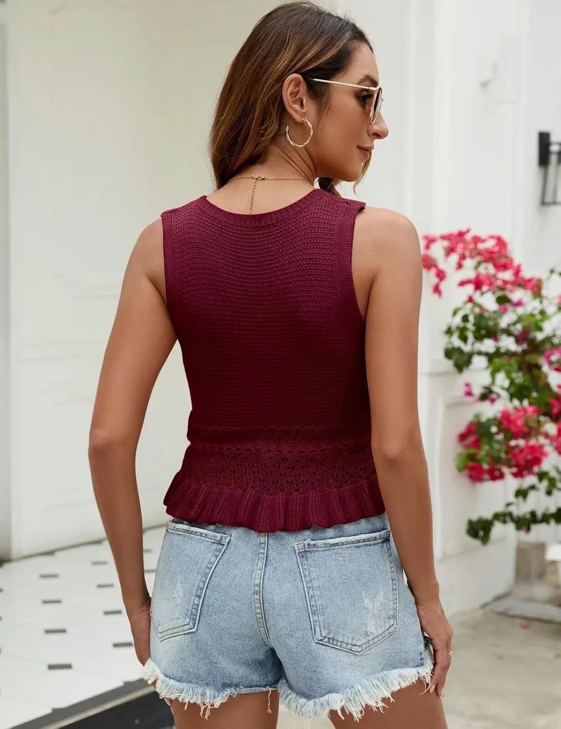 CiCiBird Women Cute Crop Sweaters Vest Knit Sleeveless Pullover Tops Crochet Ruffle Hem Tank