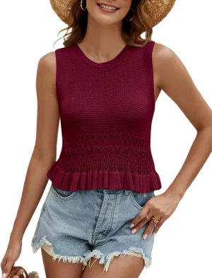 CiCiBird Women Cute Crop Sweaters Vest Knit Sleeveless Pullover Tops Crochet Ruffle Hem Tank