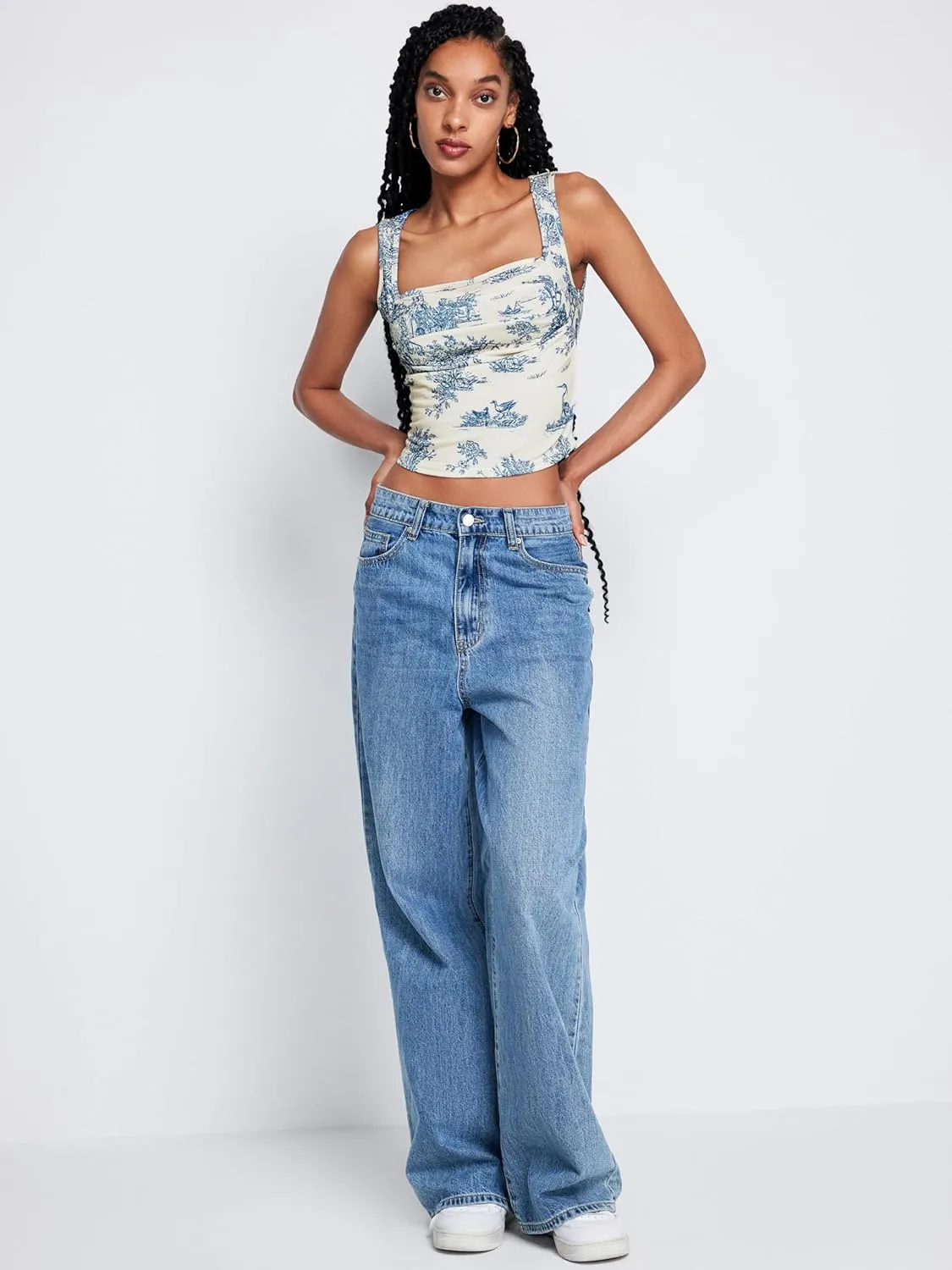 CIDER Women Square Neck Tank Tops Sleeveless Ruched Floral Cute Going Out Summer Trendy Crop Top
