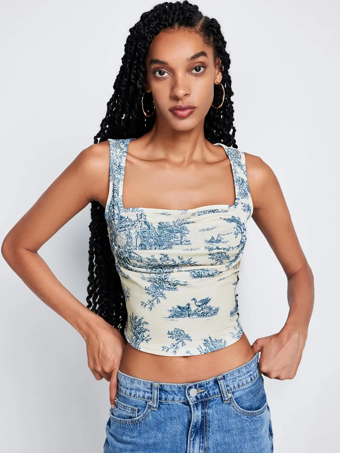 CIDER Women Square Neck Tank Tops Sleeveless Ruched Floral Cute Going Out Summer Trendy Crop Top