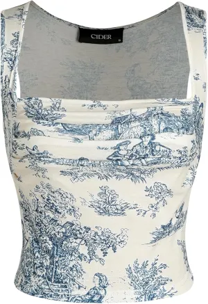CIDER Women Square Neck Tank Tops Sleeveless Ruched Floral Cute Going Out Summer Trendy Crop Top