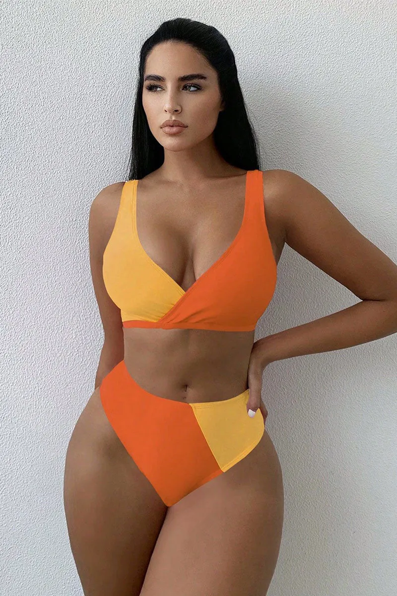 Color Block Stylish V Neck Bikini