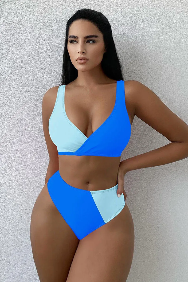 Color Block Stylish V Neck Bikini