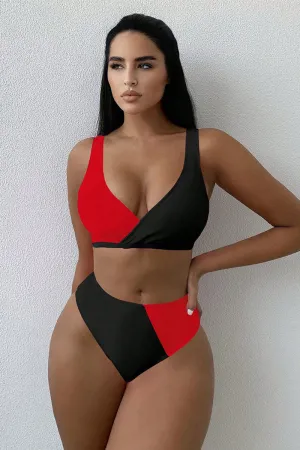 Color Block Stylish V Neck Bikini