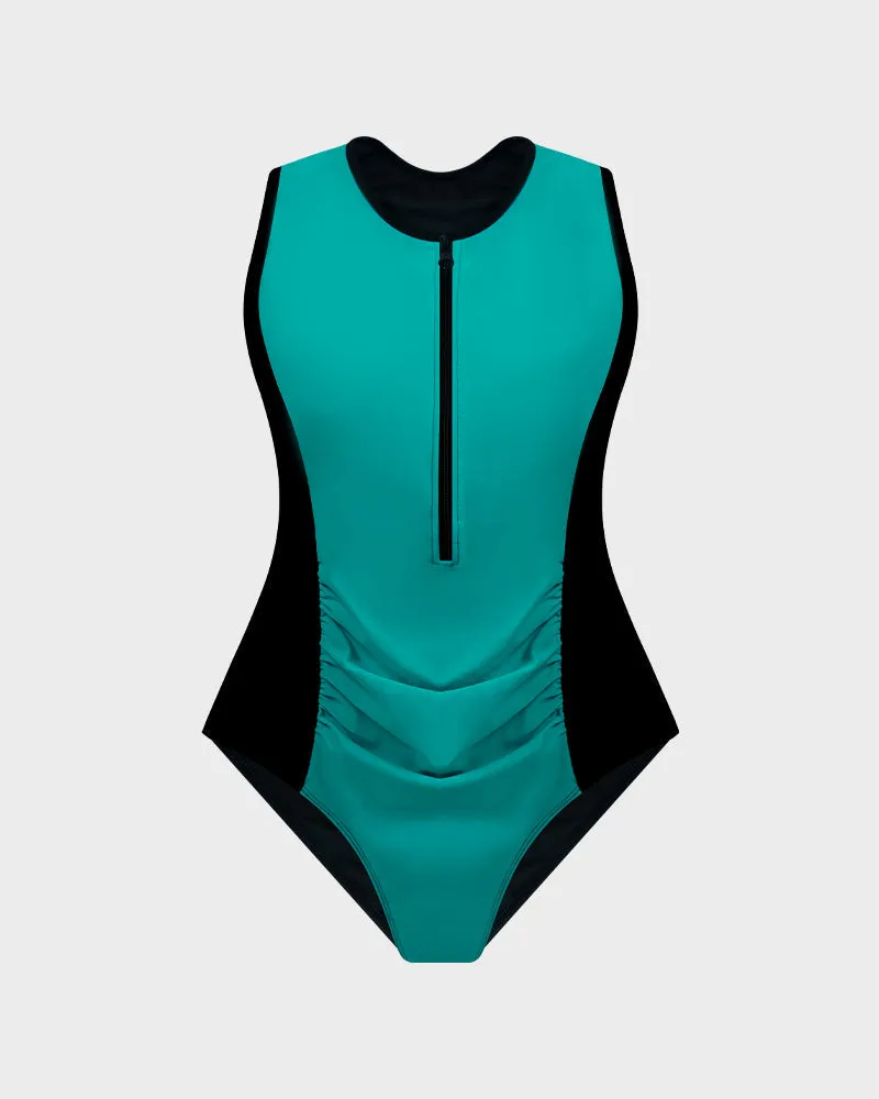 Color-Blocked Sporty Front Zip Swimsuit