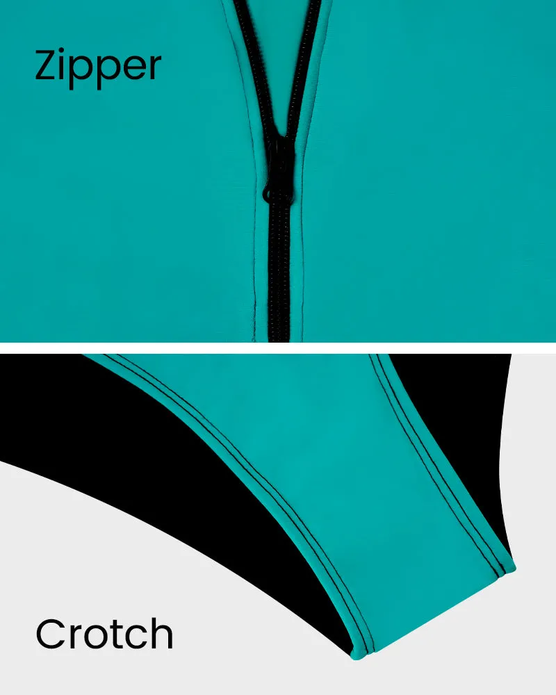 Color-Blocked Sporty Front Zip Swimsuit