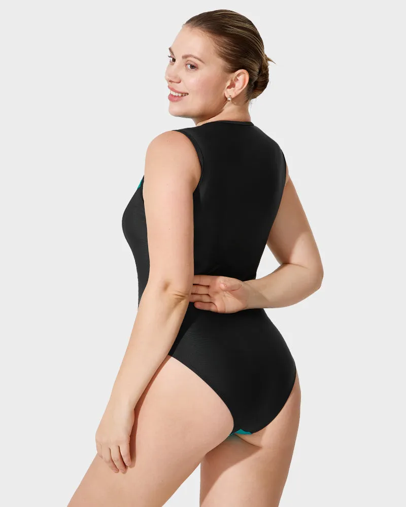 Color-Blocked Sporty Front Zip Swimsuit