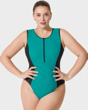 Color-Blocked Sporty Front Zip Swimsuit