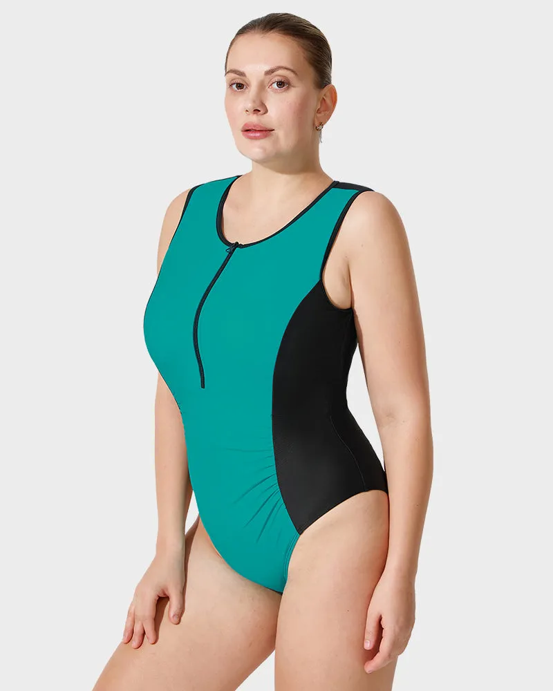 Color-Blocked Sporty Front Zip Swimsuit