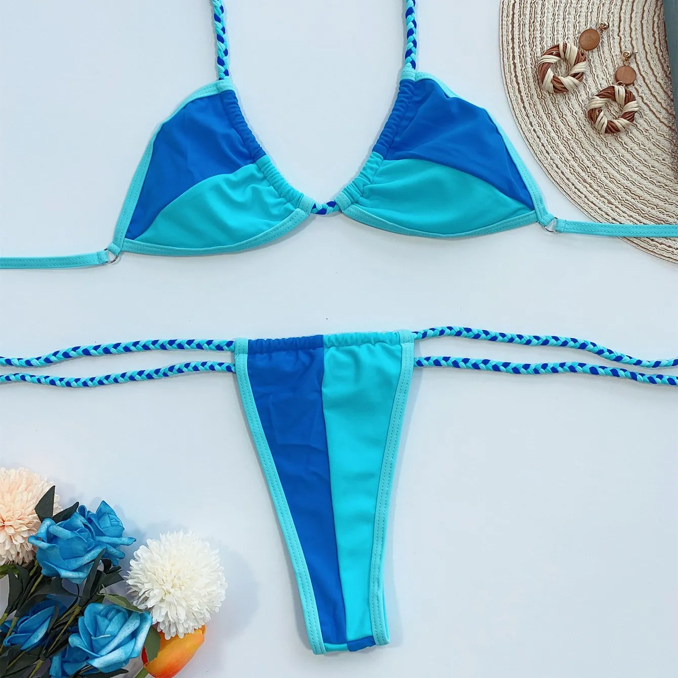 Colorblock Strappy Halter Mid Rise Thong Bottom Bikinis