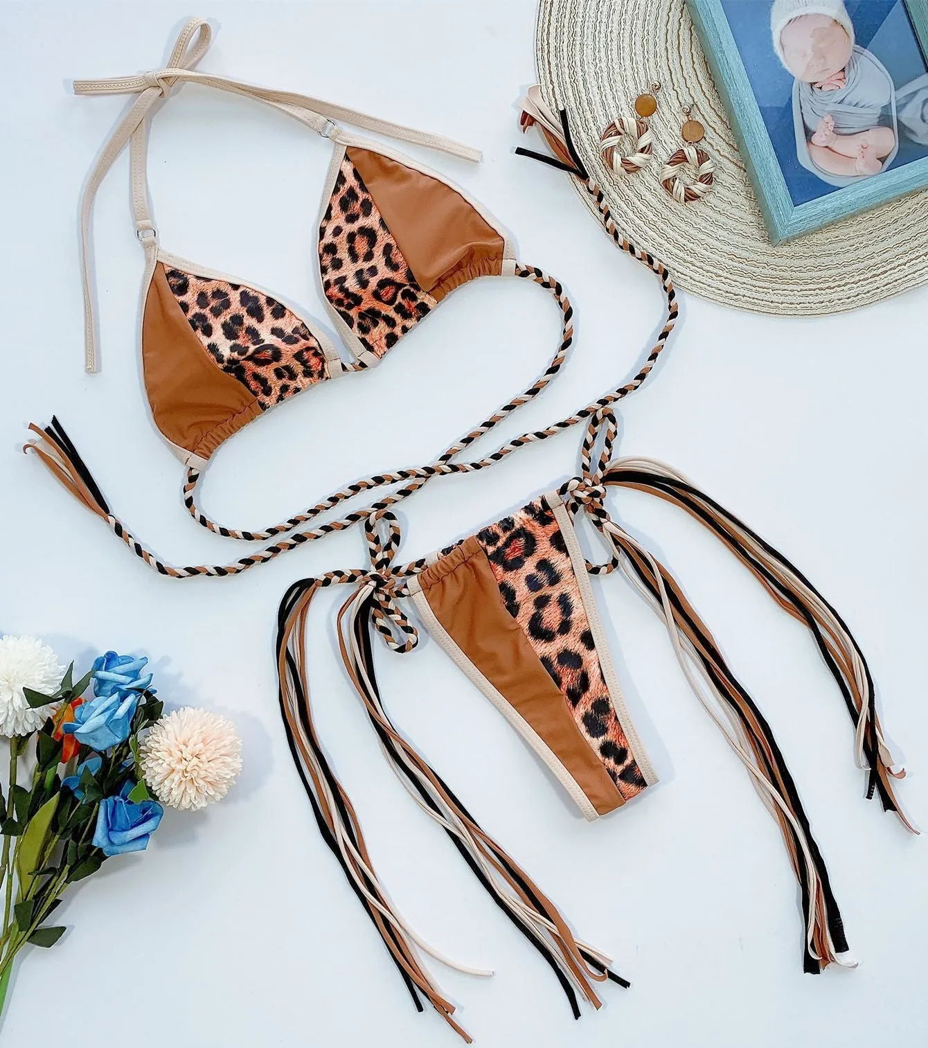 Colorblock Strappy Halter Mid Rise Thong Bottom Bikinis