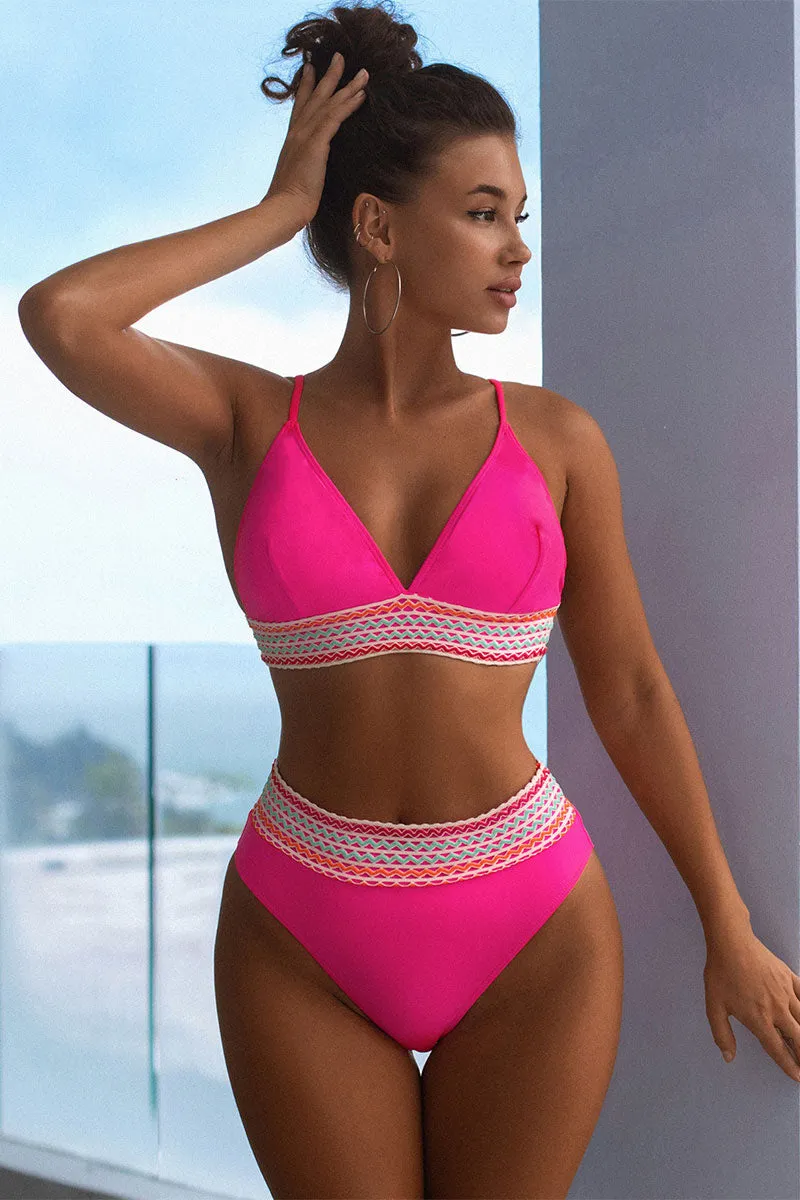 Contrast-Stitch Trim Stylish Triangle High Waist Bikini