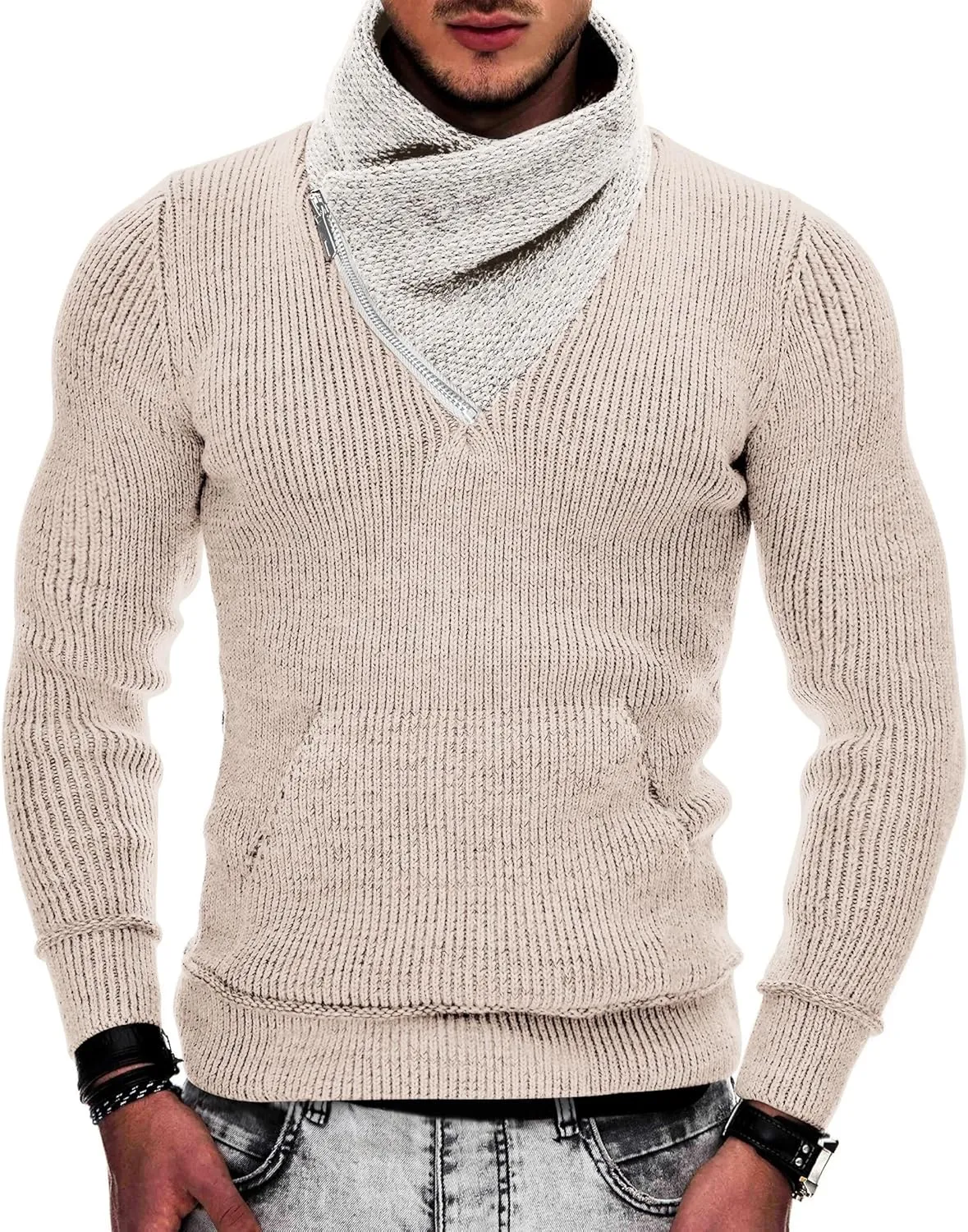 COOFANDY Men's Knitted Turtleneck Pullover Shawl Collar Sweaters Slim Fit High Neck Hoodies with Pockets