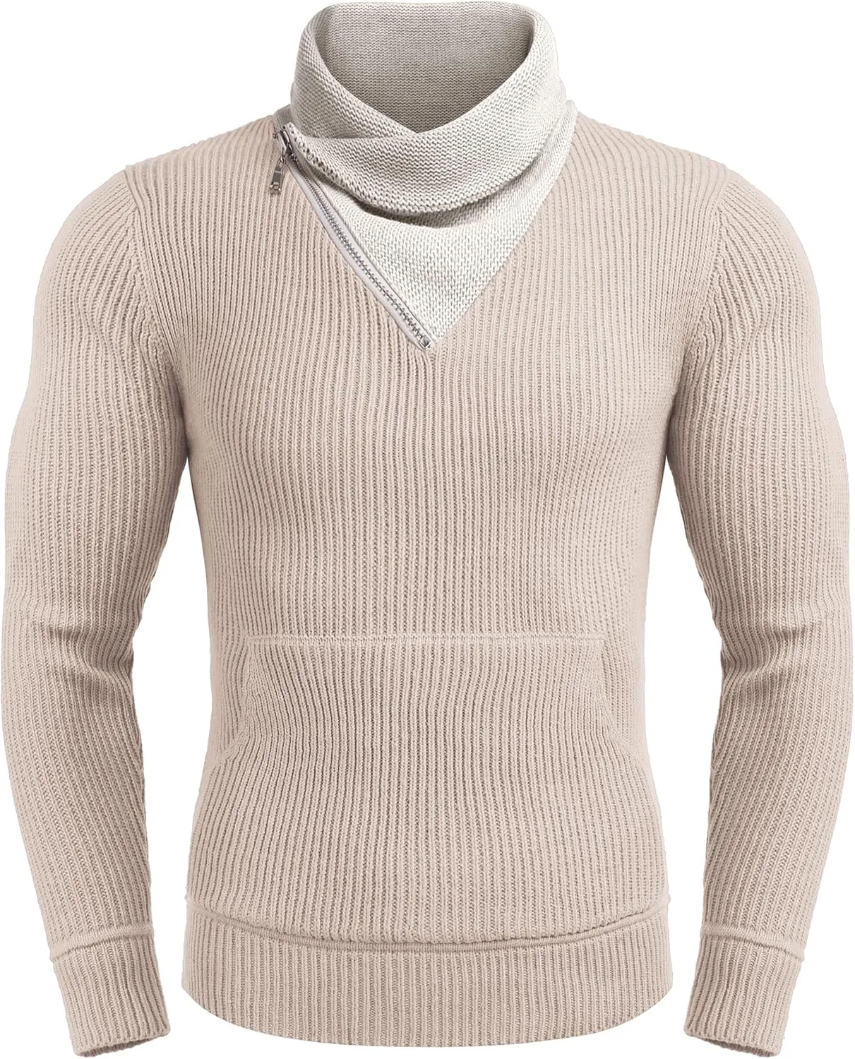 COOFANDY Men's Knitted Turtleneck Pullover Shawl Collar Sweaters Slim Fit High Neck Hoodies with Pockets