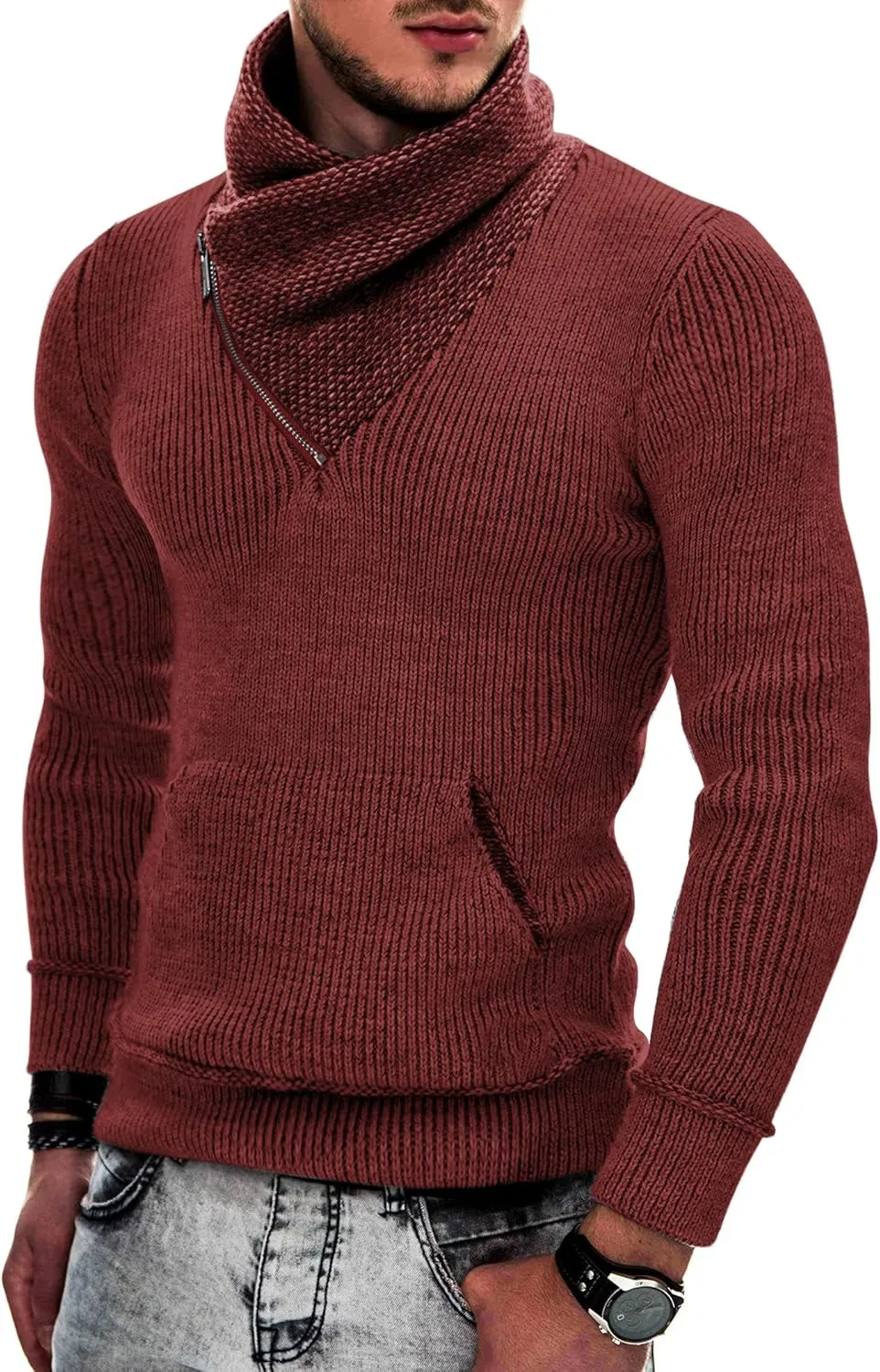 COOFANDY Men's Knitted Turtleneck Pullover Shawl Collar Sweaters Slim Fit High Neck Hoodies with Pockets