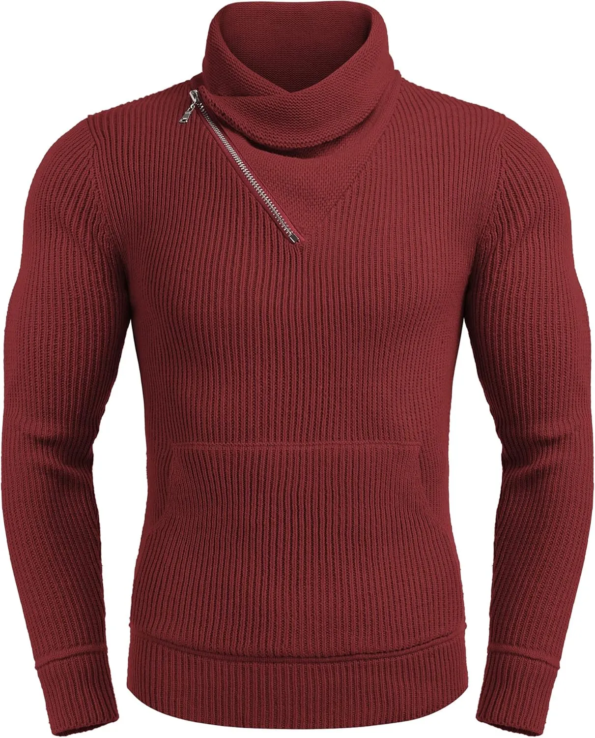 COOFANDY Men's Knitted Turtleneck Pullover Shawl Collar Sweaters Slim Fit High Neck Hoodies with Pockets